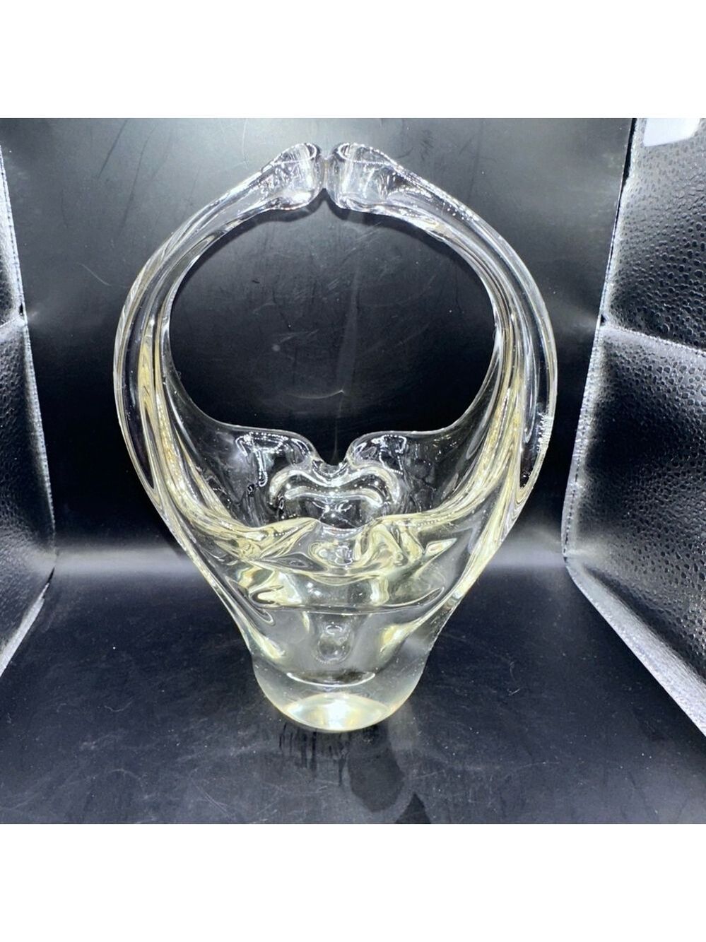 Vintage Murano Art Glass Basket Split Handled Hand Blown Clear Glass Ashtray